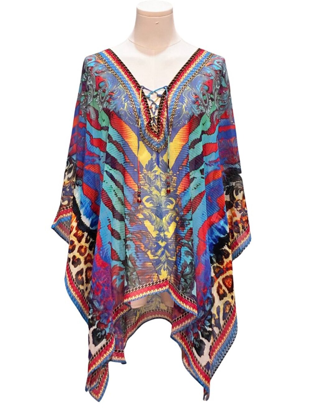 Boho Festival Indie Sleeze Inspired Mosaic Print Tie Kaftan Rhinestone Poncho OS